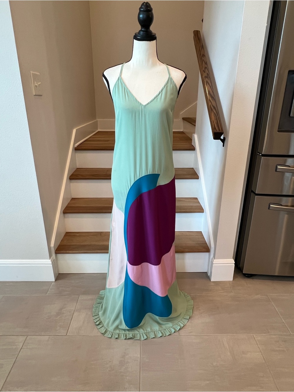 Mint Multi-Color Silk Slip Maxi Dress with Abstract Panels